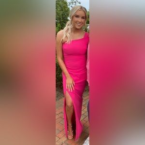 One shoulder hot pink long formal dress